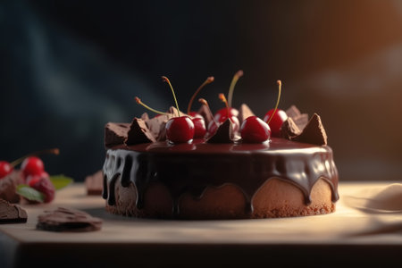Chocolate cherry cake, delicious freshly baked dessert close-up. Generative AI.の素材