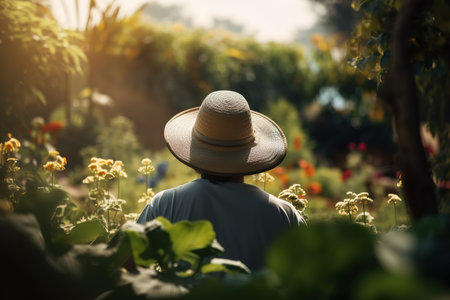 Unrecognizable woman gardener in straw hat standing in garden on sunny day. Close-up, view from the back. Generative AI.の素材