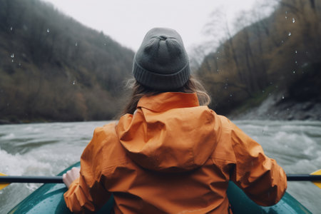 Rafting on river, kayaking active recreation, watersport. Rear view of woman in jacket and hat in boat with oars on water on an autumn rainy day, close-up. Generative AI.の素材
