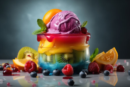 Dessert ice cream fruit. Close-up of fresh fruits in ice and cream in glass, refreshing food. Generative AI.の素材