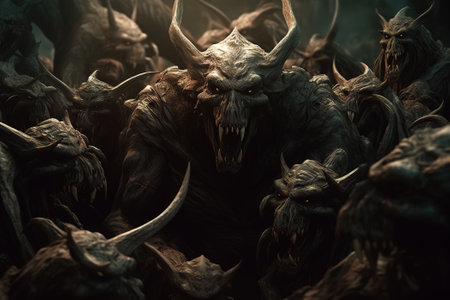 Crowd of horned scary demons, screaming monsters in the dark. Hell, nightmare horror fantasy illustration. Generative AI.の素材