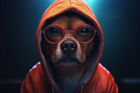 Serious hipster dog with glasses and a hood, stylish cool funny pet. Animal portrait, Generative AI.の素材