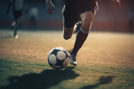 Football match, sport competition. Close-up of soccer player playing ball in stadium on sunny day. Generative AI.の素材