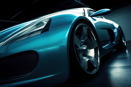 Modern blue sports car, expensive luxury auto transport indoors. Close up, low angle view. Generative AI.の素材