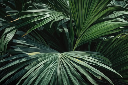 Green eco background, large tropical leaves flat illustration. Generative AI.の素材