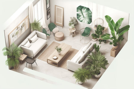 Biophilic top view interior. Green indoor plants indoors. Generative AI.の素材