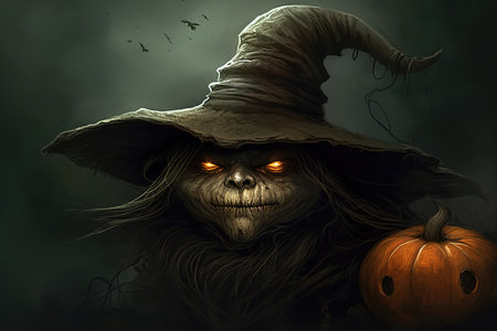 Scary scarecrow in a hat, halloween demon with pumpkin. Horror dark illustration. Generative AI.の素材