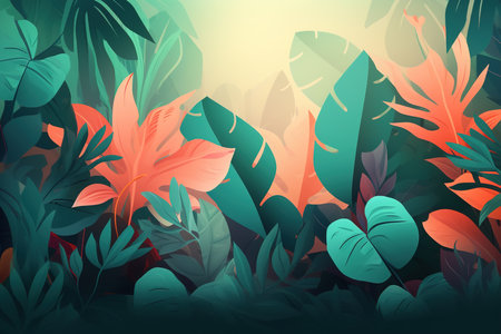 Jungle foliage, tropical leaves. Eco flat illustration. Generative AI.の素材