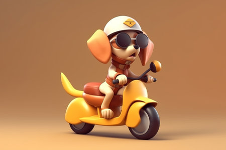 Funny dog driving a yellow scooter, a surprised pet with glasses and a helmet on a moped. Generative AI illustration.の素材