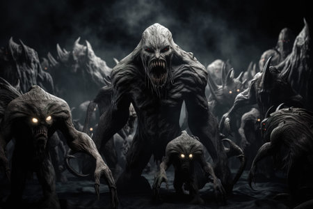 Crowd of scary demons, screaming monsters in the dark. Hell, nightmare fantasy illustration. Generative AI.の素材