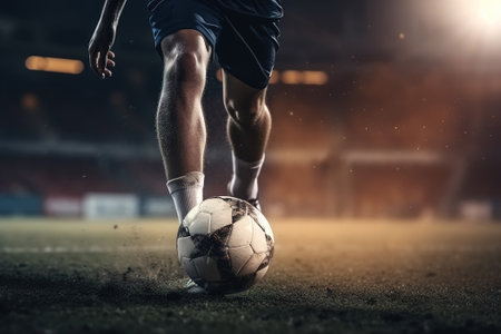 Close-up of soccer player playing ball on lawn at stadium. Football match, sport competition. Generative AI.の素材