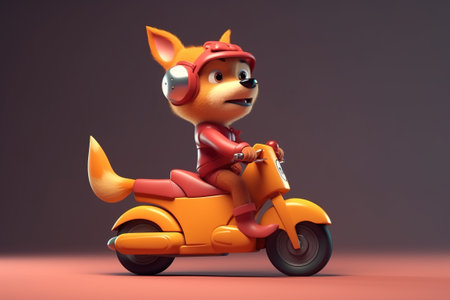Funny fox in headphones driving a scooter, cute wild pet on a moped. Generative AI illustration.の素材