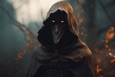 Mystical evil warrior in hood and mask with glowing eyes, an ancient mysterious person in autumn forest. Fantasy illustration, Generative AI.の素材