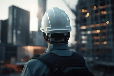 Engineer in white helmet at construction site, rear view. Close-up of an unrecognizable working man against backdrop of buildings under construction. Generative AI.の素材