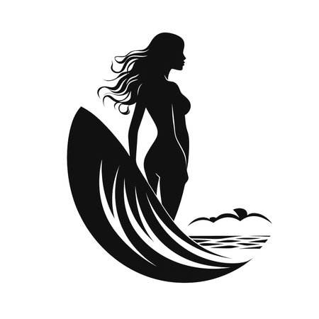 Erotic silhouette of slim woman surfer in the sea. Surf logo on white background. Generative AI.の素材