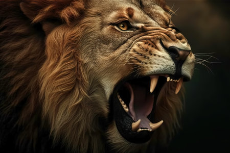 Roaring lion, close-up aggressive angry predator, animal illustration. Generative AI.の素材