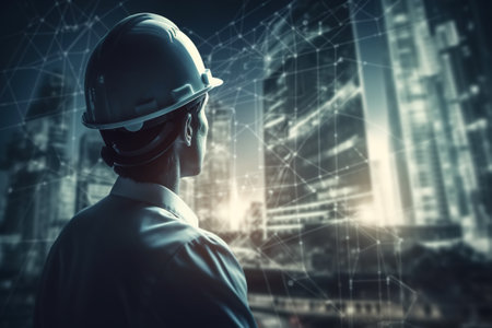 City development planning, construction and architecture business concept. Architect engineer in hardhat on background of scheme of city of construction, copy space. Generative AI.の素材