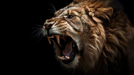 Roaring lion, side view of aggressive angry predator on black background with copy space. Generative AI.の素材