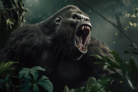 Angry aggressive monkey gorilla in jungle. Screaming king kong in forest. Generative AI animal illustration.の素材