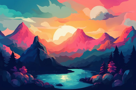 Colorful sunset landscape in the mountains, illustration. Generative AI.の素材