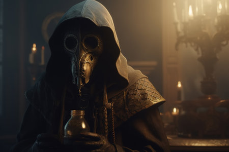 Plague doctor in a mask and hood in a medieval laboratory. Dark illustration of generative AI.の素材