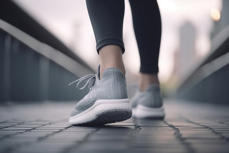 Female legs of an athlete runner in sports sneakers on the street outdoors. Rear view, close up, low angle view. Generative AI.の素材