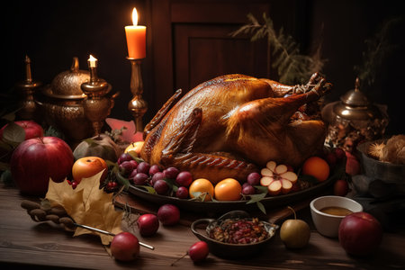 Thanksgiving, cooked turkey and fruit on a plate, holiday dinner. Generative AI.の素材