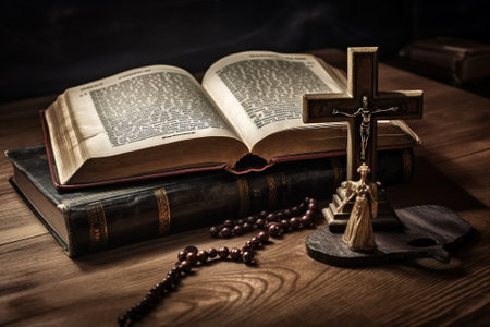 Bible and cross, sacred religious ancient book. Generative AI.の素材