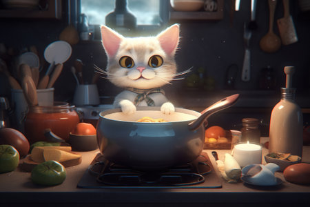 Cute kitten chef in kitchen, happy funny white fluffy pet cooking dinner. Animal Generative AI.の素材