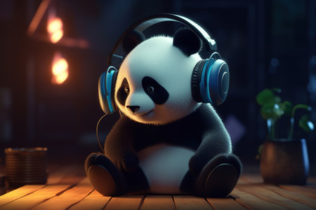 Cute funny panda wearing headphones listening to music while sitting on floor indoors. Animal Generative AI.の素材