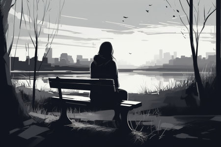 Depression, psychological problems, loneliness, despair, longing concept. Lonely sad woman sitting on bench by water in autumn, monochrome illustration. Generative AI.の素材