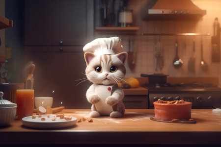 Kitten chef in kitchen, cute funny white fluffy pet cat cooking food cakes on table. Animal Generative AI.の素材