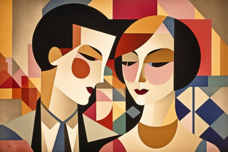 Man and woman together, couple in love, romantic relationship. Abstract illustration in Bauhaus style. Generative AIの素材