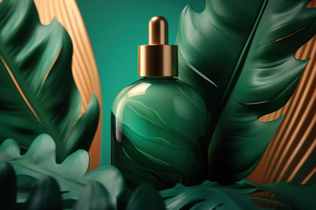 Herbal cosmetology, eco cosmetics. Close-up of green bottle of cosmetics for daily care and leaves. Generative AI illustration.の素材