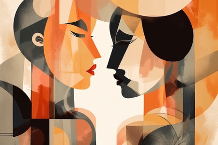 Profile of man and woman together, couple in love, romantic relationship. Abstract illustration in bauhaus style with texture. Generative AI.の素材