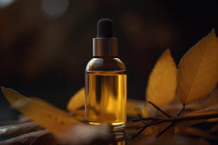 Serum oil liquid bottle for daily care and yellow autumn leaves, eco cosmetics. Generative AI.の素材
