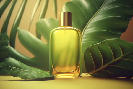 Green bottle of cosmetics for daily care and leaves. Herbal cosmetology, eco cosmetics. Generative AI illustration.の素材