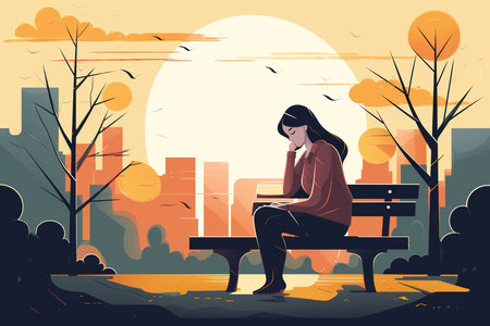 Female mental health psychology, depression, melancholy, sadness, longing, loneliness illustration concept. Lonely sad young woman sitting on bench in autumn park. Generative AI.の素材