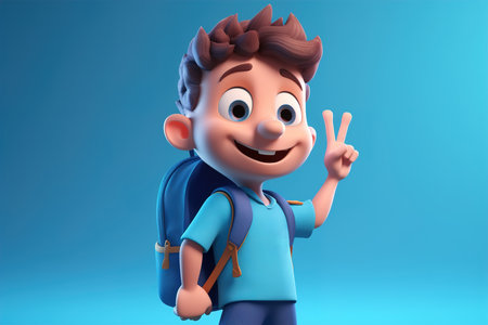 Cheerful caucasian schoolboy with backpack gesture with joyful expression showing peace, back to school concept. Volumetric cartoon doodle illustration of Generative AI.の素材