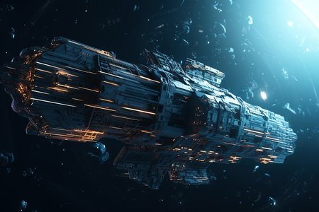 Science fiction, future technology illustration. Large spaceship in space, flying futuristic ship in galaxy. Generative AI.の素材