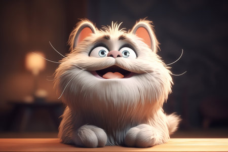 Funny cute smiling fat cat lying indoors, happy fluffy white pet looking up. Generative AI animal illustration.の素材