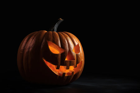 Autumn holiday traditional Halloween concept. Pumpkin with a carved evil halloween face on dark background. Generative AI.の素材