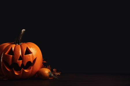 Autumn holiday Halloween concept. Pumpkin with halloween face on a dark background with copy space. Generative AI.の素材