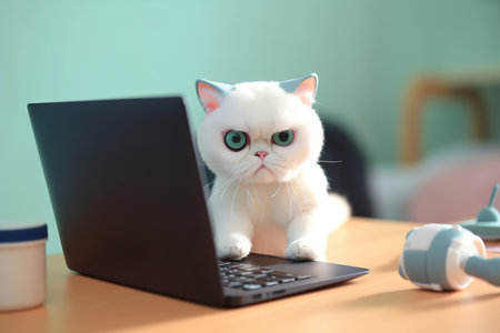 Angry kitten using laptop, funny white pet with facial expression looking at camera. Generative AI animal illustration.の素材