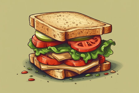 Sandwich with cheese and fresh vegetables, vegan dish. Textured illustration, Generative AI.の素材