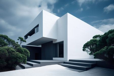 Minimalism style architecture, white private residential building exterior. Generative AI.の素材
