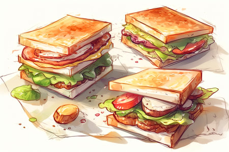 Menu fresh cooked sandwiches with tomato and salad. Sketch illustration of breakfast on table. Generative AI.の素材