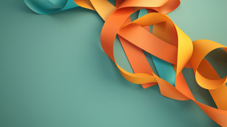 Festive background with copy space. Top view multicolored decorative ribbons on a cyan background with empty space for text. Generative AI.の素材