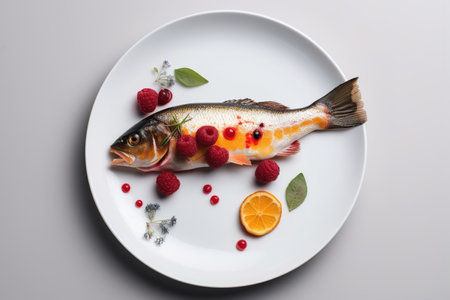 Fish dish with fruits and berries on white plate, minimalist serving. Generative AI.の素材