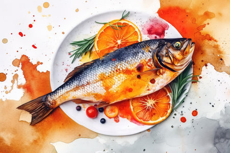 Cooked delicious fish dish on a white plate, top view. Generative AI watercolor illustration.の素材